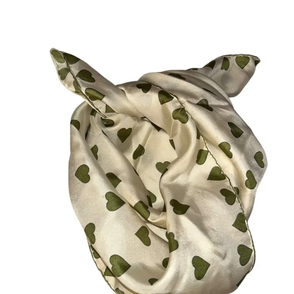 Vintage 100% silk hand rolled sewn green heart print scarf